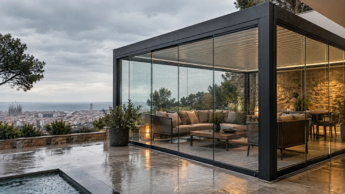 Pérgola bioclimática cerrada con cortinas de cristal en una terraza durante la lluvia